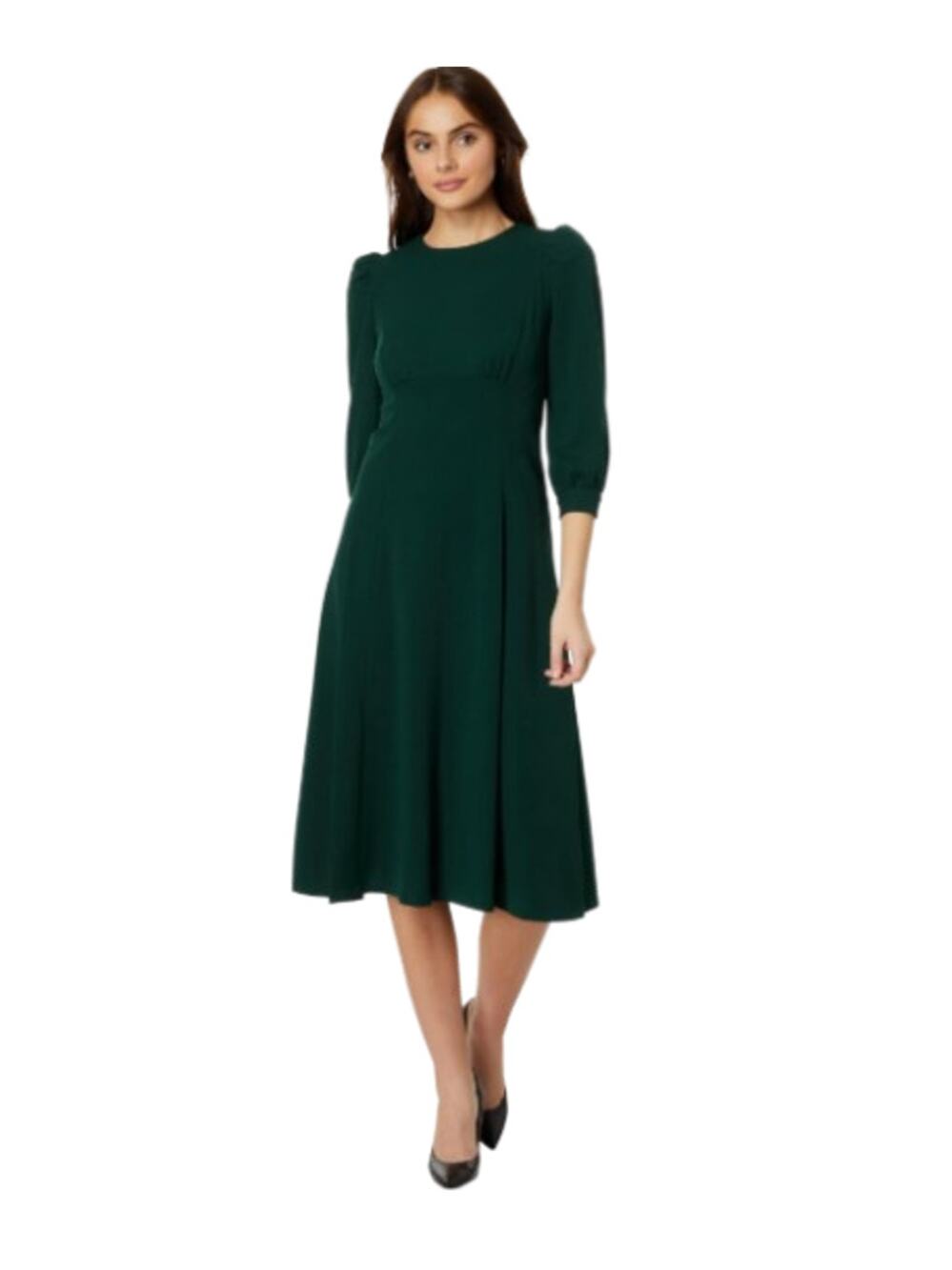 CALVIN KLEIN Scuba Crepe Midi Dress Size 4 Malachite Green 3/4 Puff Sleeve NWT - Picture 1 of 12
